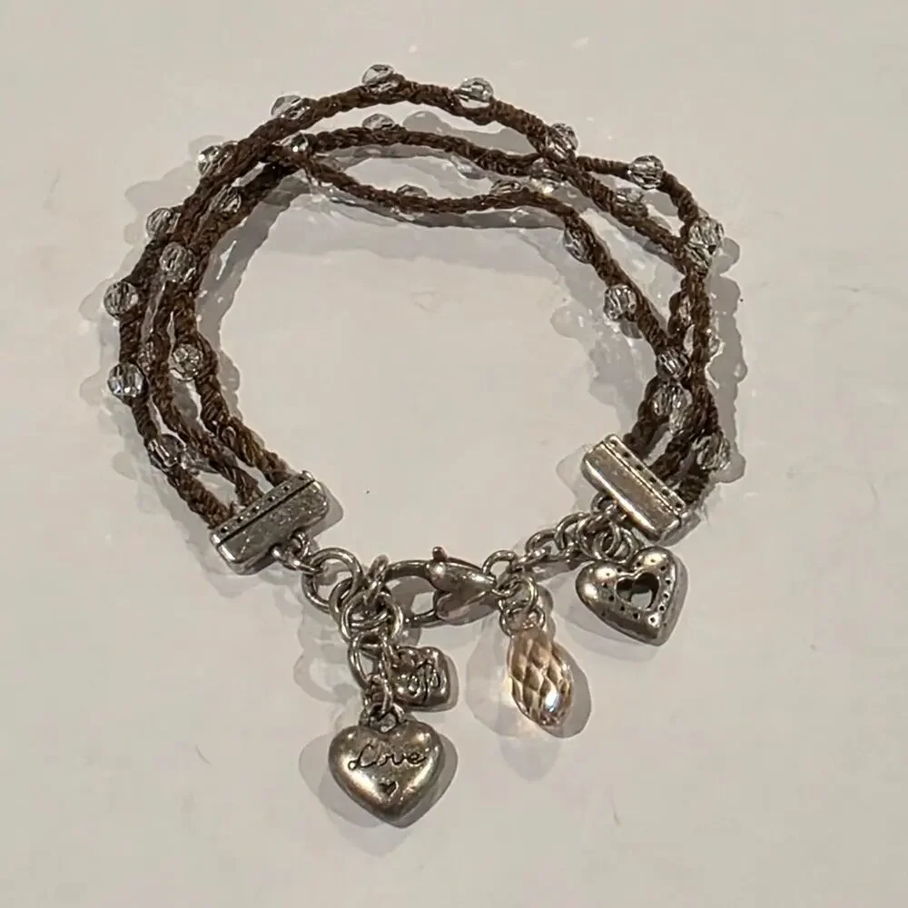 Brighton Brown Braided Beaded Silver Heart Charm Bracelet